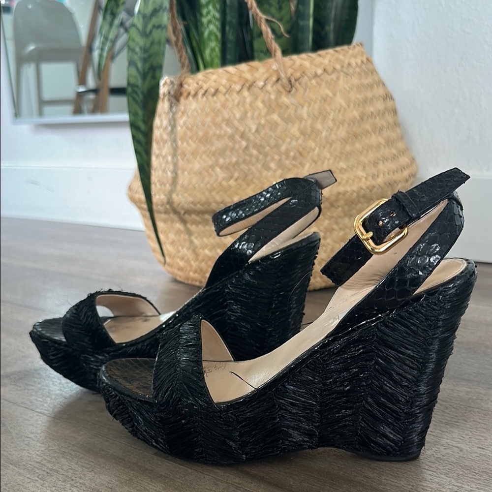 Prada Black Wedge Sandals with High Heel and Ankle Strap